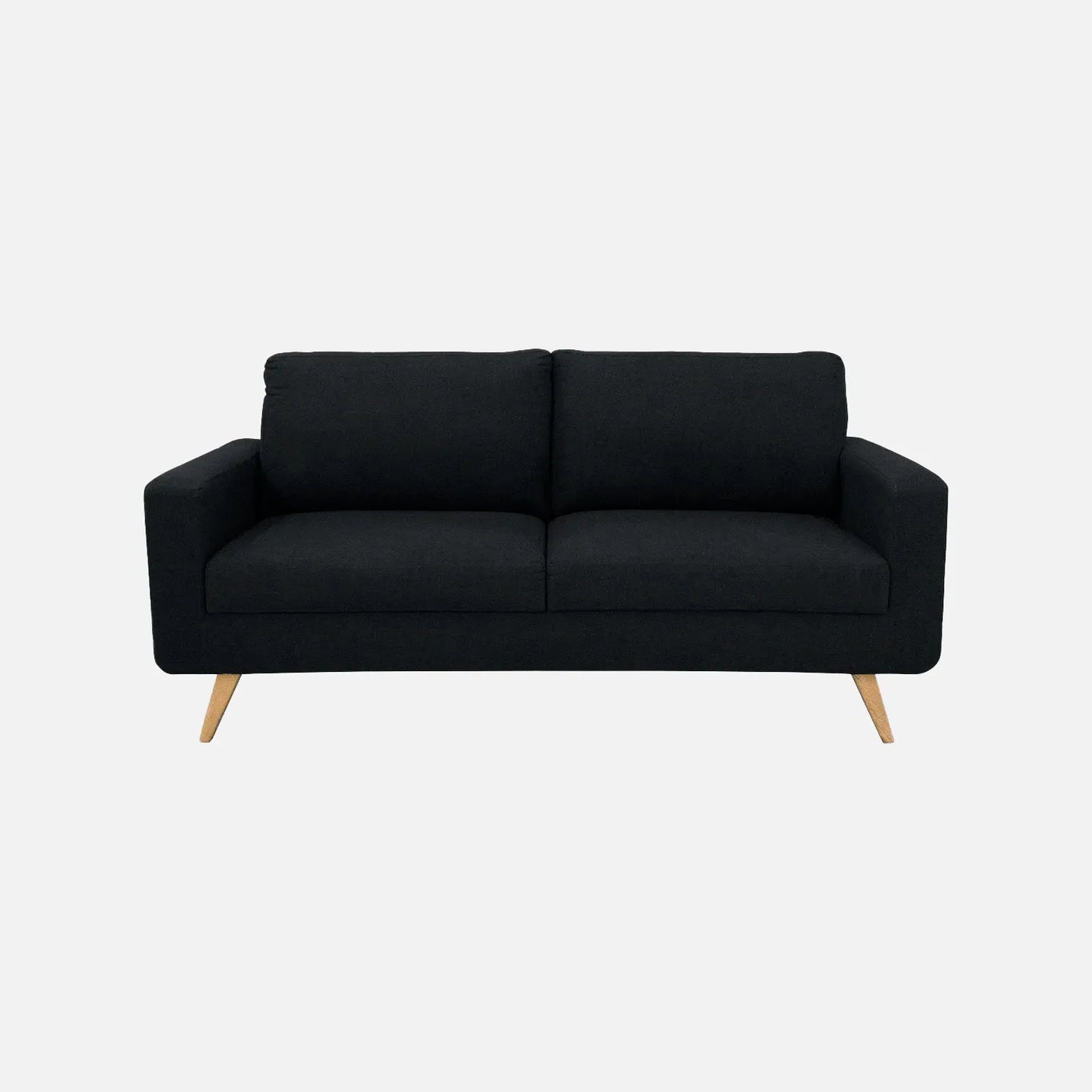 Sofá Río en tela color negro, diseño moderno con patas en madera clara – ideal para salas pequeñas o espacios contemporáneos - All Star muebles Colombia