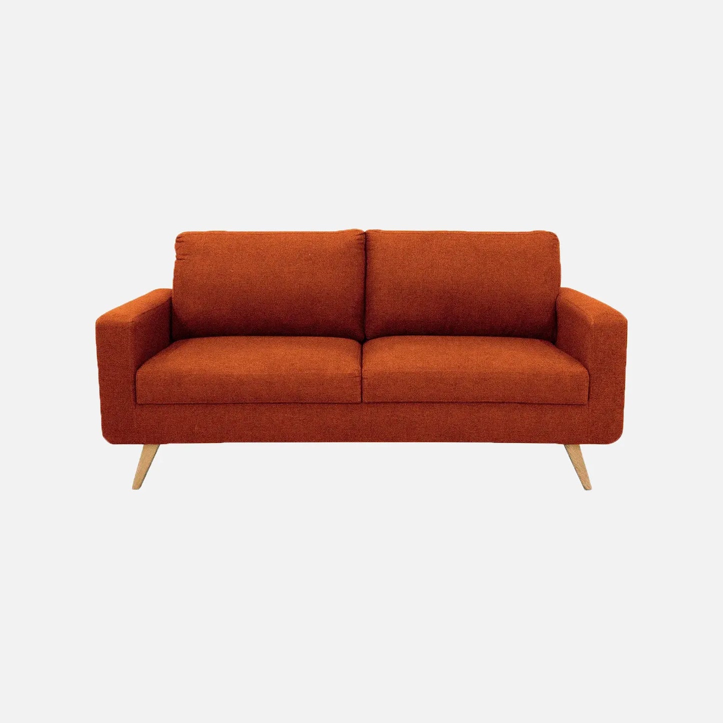 Sofá Río en tela color terracota, diseño moderno con patas en madera clara – ideal para salas pequeñas o espacios contemporáneos - All Star muebles Colombia