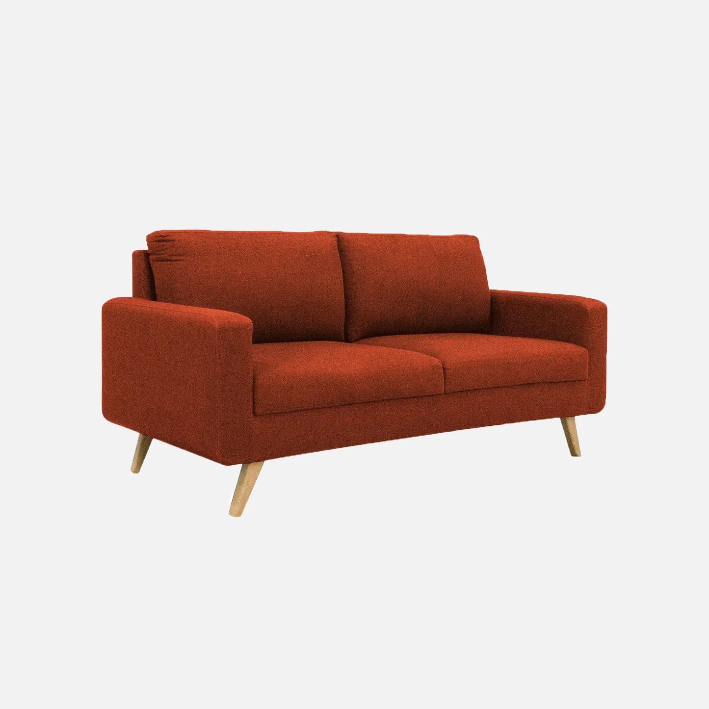 Sofá Río en tela color terracota, diseño moderno con patas en madera clara – ideal para salas pequeñas o espacios contemporáneos - All Star muebles Colombia