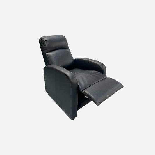 Sillón reclinable Logan abierto visto en perspectiva, tapizado color negro, fotografía sobre fondo blanco, ideal para visualizar la combinación de estilos y colores - All Star muebles
