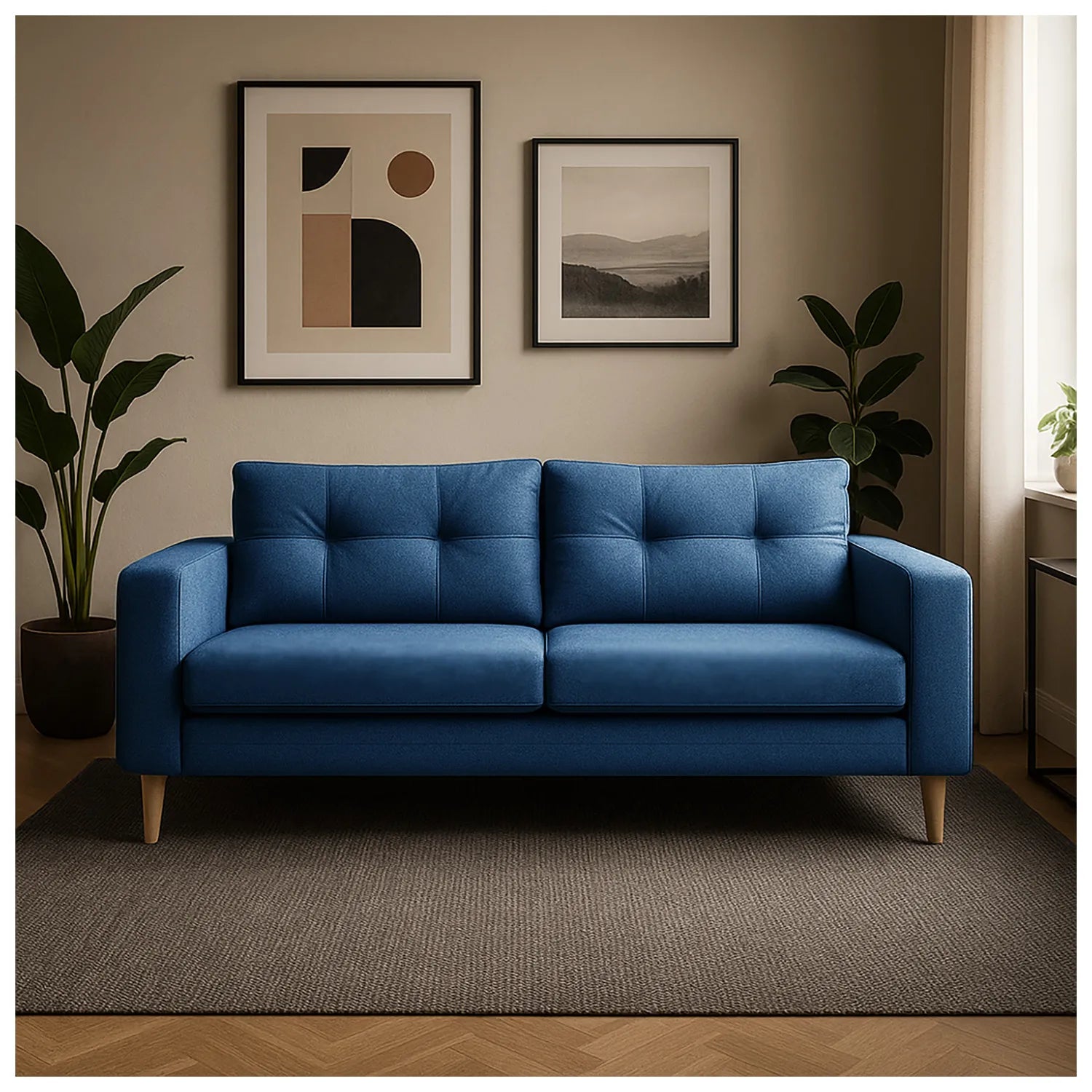 Sofá Brisa en tela azul, patas en madera tono natural, ubicado en sala moderna con decoración minimalista, ideal para apartamentos y casas de familias colombianas - All Star Muebles Colombia