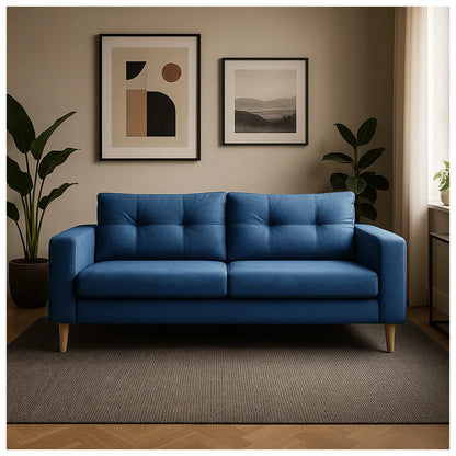 Sofá Brisa en tela azul, patas en madera tono natural, ubicado en sala moderna con decoración minimalista, ideal para apartamentos y casas de familias colombianas - All Star Muebles Colombia