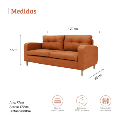 Diagrama con medidas de sofá Brisa 3 puestos en tela terracota, ideal para espacio residenciales, alto 77cm ancho 170cm profundo 80cm, nivel de confort experto, fabricación 100% colombiana y tela amigable con mascotas - All Star muebles Colombia