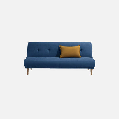Sofá cama Arena visto de frente en tela azul con patas de madera clara y cojín decorativo mostaza, ideal para salas y habitaciones - All Star Muebles Colombia