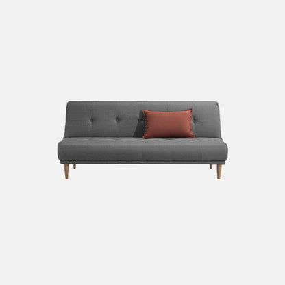 Sofá cama Arena visto de frente en tela gris con patas de madera clara y cojín decorativo ocre, ideal para salas y habitaciones - All Star Muebles Colombia