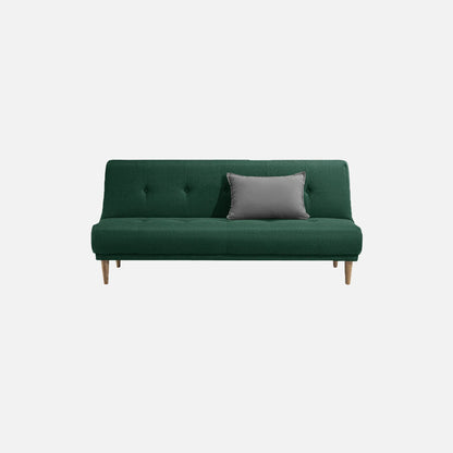 Sofá cama Arena visto de frente en tela verde con patas de madera clara y cojín decorativo gris, ideal para salas y habitaciones - All Star Muebles Colombia