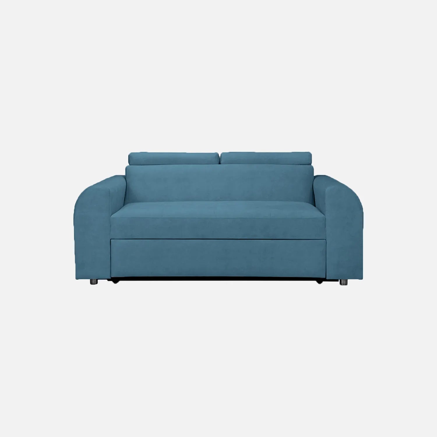 Sofá cama Mar Aqua visto de frente, tapizado en tela azul y patas metálicas, ideal para espacios reducidos con sistema de apertura fácil y superficie de descanso amplia - All Star Muebles