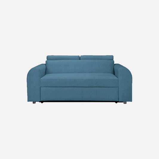 Sofá cama Mar Aqua visto de frente, tapizado en tela azul y patas metálicas, ideal para espacios reducidos con sistema de apertura fácil y superficie de descanso amplia - All Star Muebles