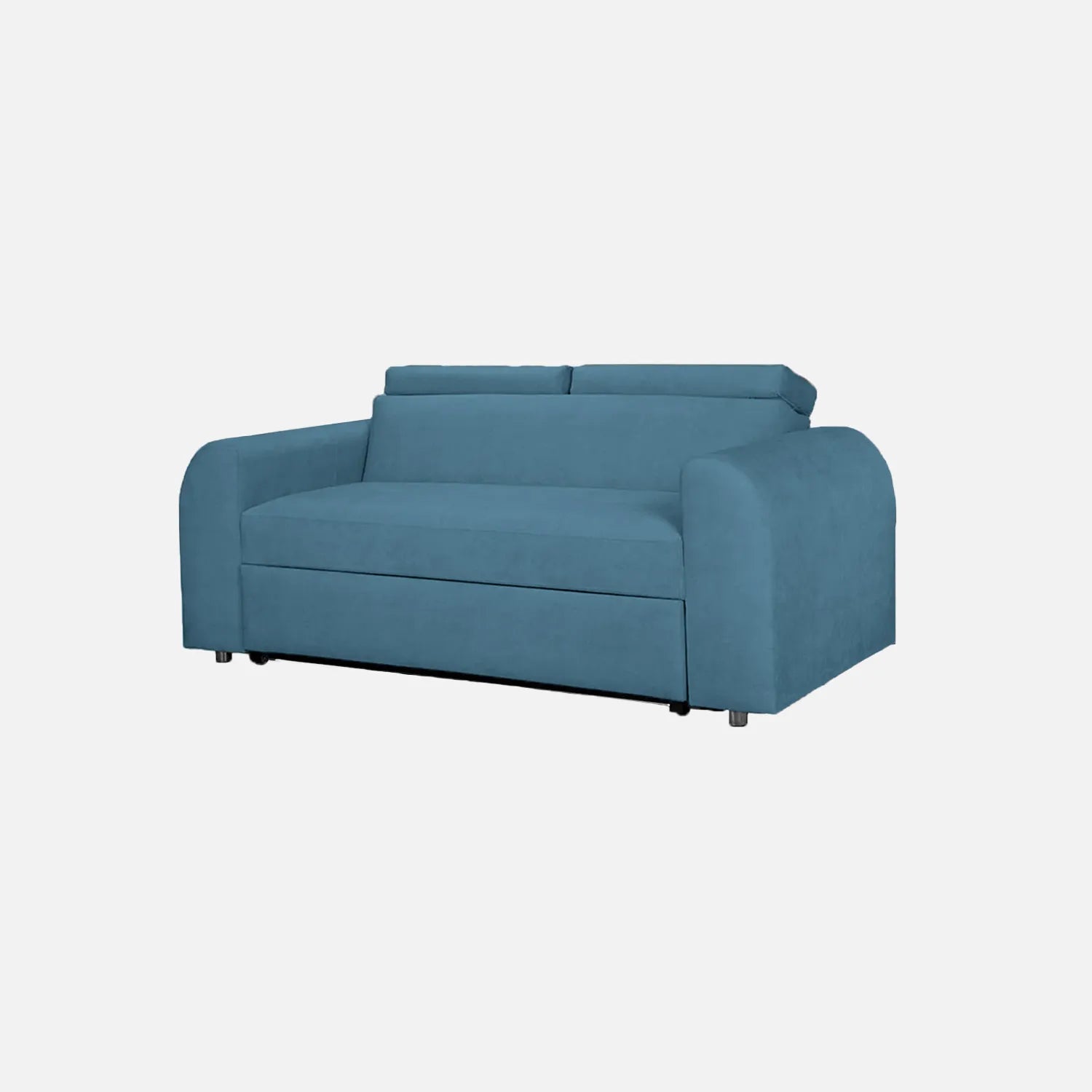 Sofá cama Mar Aqua visto en perspectiva, tapizado en tela azul y patas metálicas, ideal para espacios reducidos con sistema de apertura fácil y superficie de descanso amplia - All Star Muebles