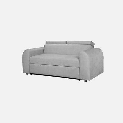 Sofá cama Mar Aqua visto en perspectiva, tapizado en tela gris y patas metálicas, ideal para espacios reducidos con sistema de apertura fácil y superficie de descanso amplia - All Star Muebles