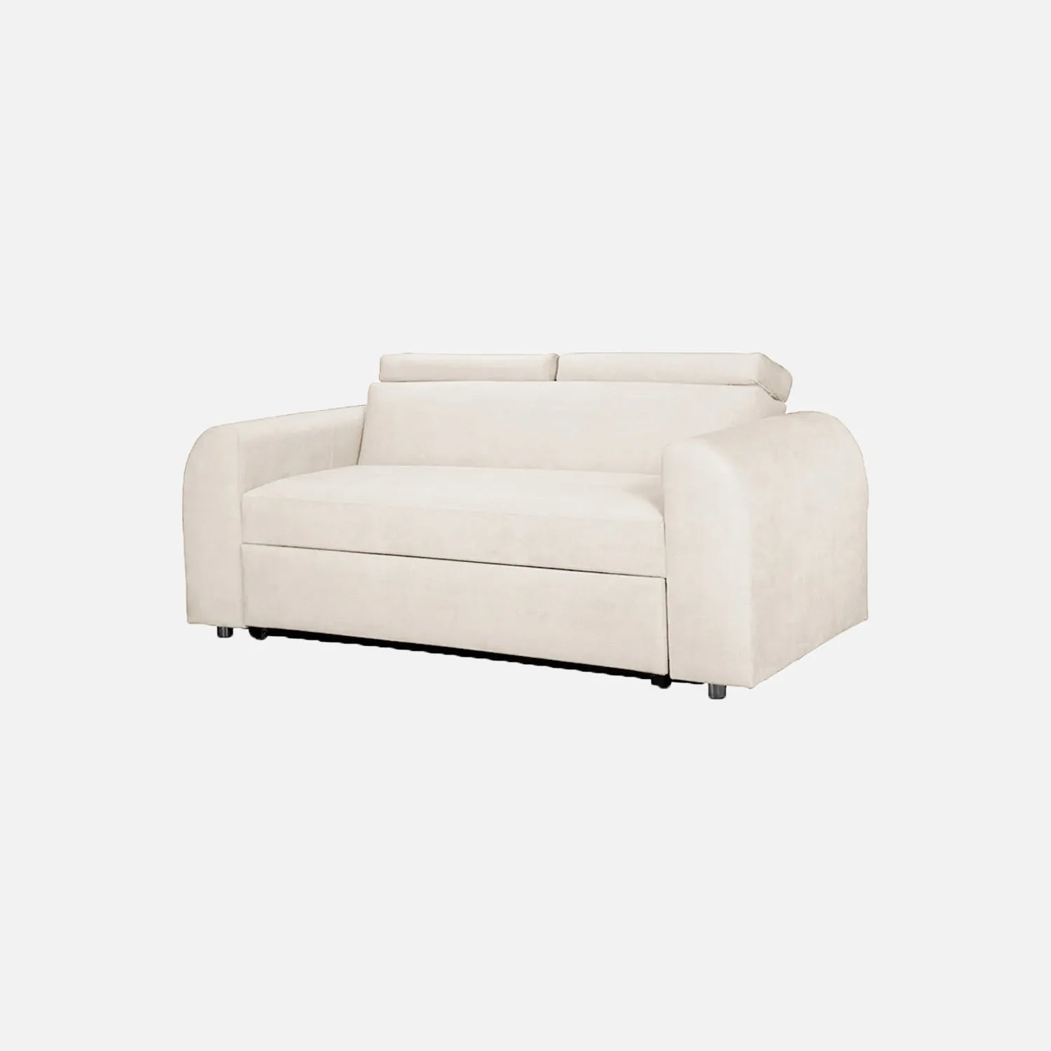 Sofá cama Mar Aqua visto en perspectiva, tapizado en tela marfil y patas metálicas, ideal para espacios reducidos con sistema de apertura fácil y superficie de descanso amplia - All Star Muebles
