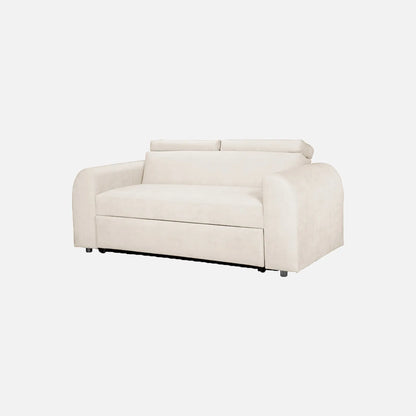 Sofá cama Mar Aqua visto en perspectiva, tapizado en tela marfil y patas metálicas, ideal para espacios reducidos con sistema de apertura fácil y superficie de descanso amplia - All Star Muebles