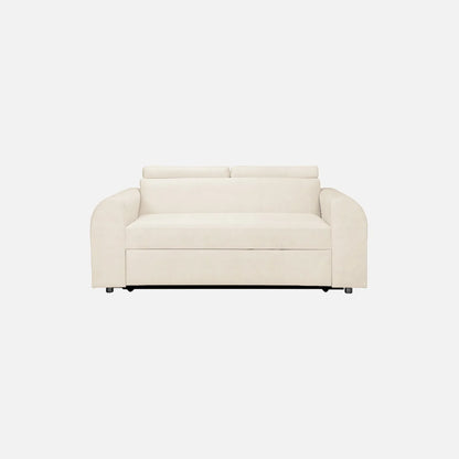 Sofá cama Mar Aqua visto de frente, tapizado en tela marfil y patas metálicas, ideal para espacios reducidos con sistema de apertura fácil y superficie de descanso amplia - All Star Muebles
