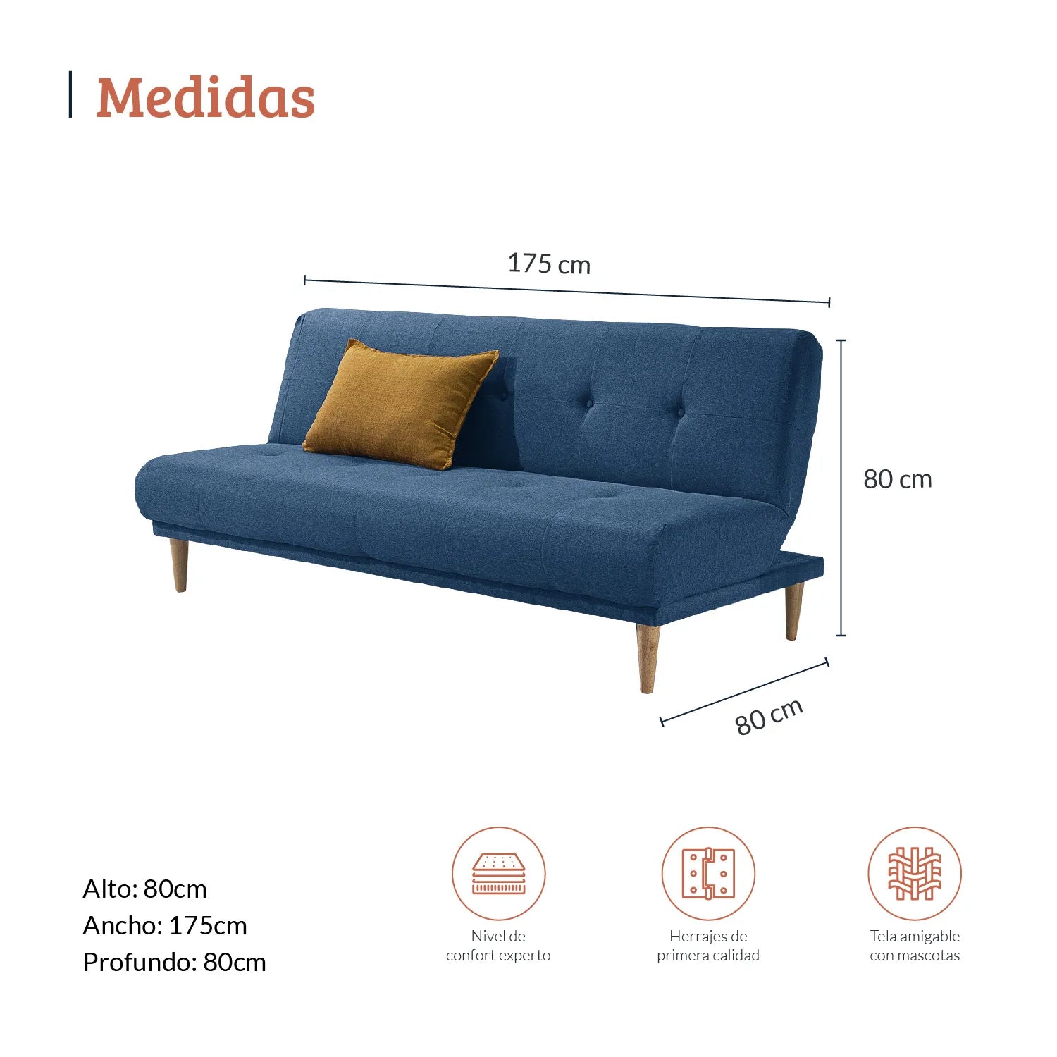 Diagrama con medidas de sofá cama Arena en tela azul, ideal para espacio residenciales, alto 80 ancho 175 profundo 80, nivel de confort experto, herrajes de primera calidad y tela amigable con mascotas - All Star muebles Colombia