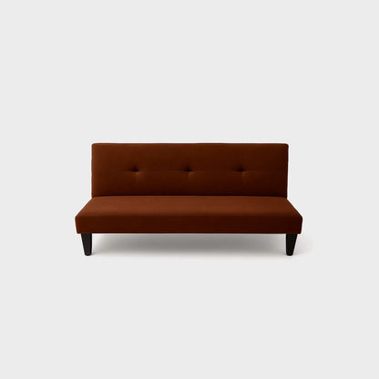 Sofá cama Basic tipo clic clac visto de frente, tapizado color café, con patas plásticas en color negro, fotografía sobre fondo blanco, ideal para visualizar la combinación de estilos y colores - All Star muebles