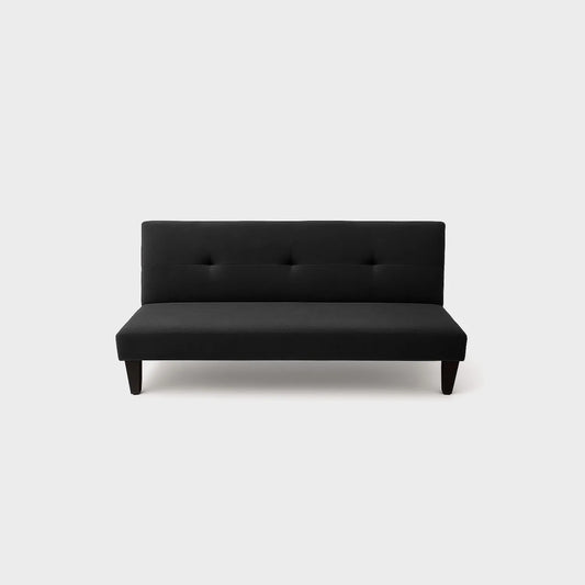 Sofá cama Basic tipo clic clac visto de frente, tapizado color negro, con patas plásticas en color negro, fotografía sobre fondo blanco, ideal para visualizar la combinación de estilos y colores - All Star muebles