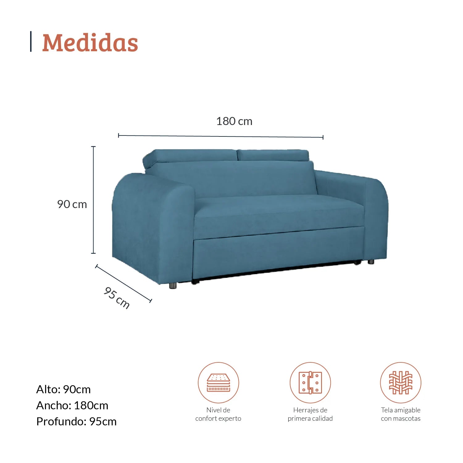 Diagrama con medidas de sofá cama Mar en tela color azul, ideal para espacio residenciales, alto 90cm ancho 180cm profundo 95cm, nivel de confort experto, herrajes de primera calidad y tela amigable con mascotas - All Star muebles Colombia