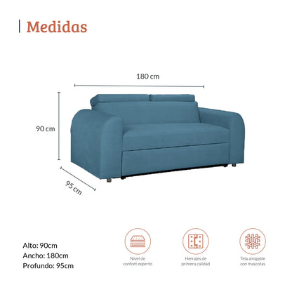 Diagrama con medidas de sofá cama Mar en tela color azul, ideal para espacio residenciales, alto 90cm ancho 180cm profundo 95cm, nivel de confort experto, herrajes de primera calidad y tela amigable con mascotas - All Star muebles Colombia