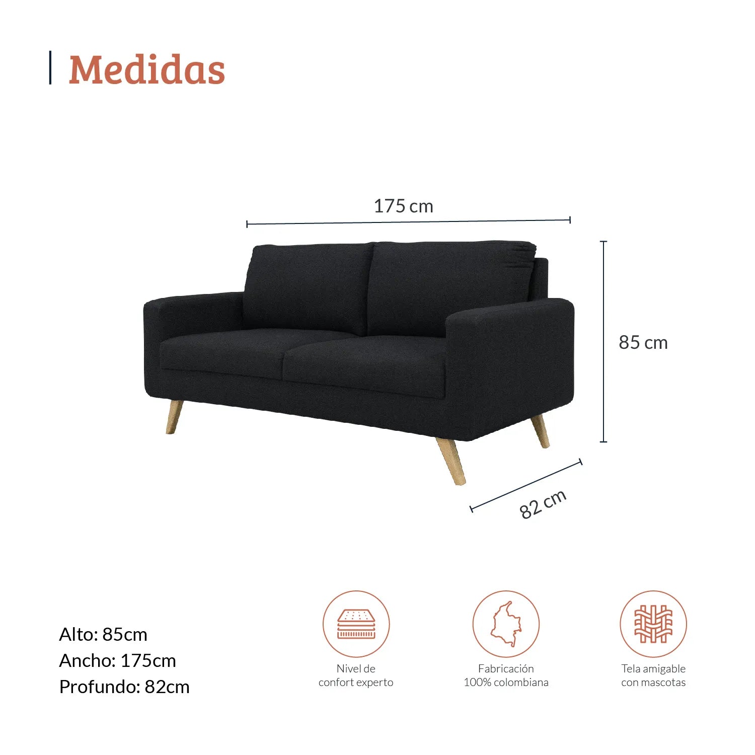Diagrama con medidas de sofá dos puestos en tela negra, ideal para espacios corporativos y residenciales, alto 85 ancho 175 y profundo 82 centímetros - All Star muebles Colombia