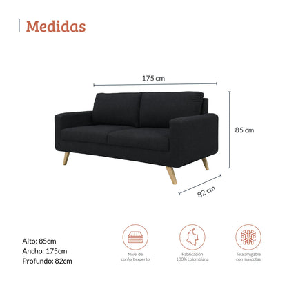 Diagrama con medidas de sofá dos puestos en tela negra, ideal para espacios corporativos y residenciales, alto 85 ancho 175 y profundo 82 centímetros - All Star muebles Colombia