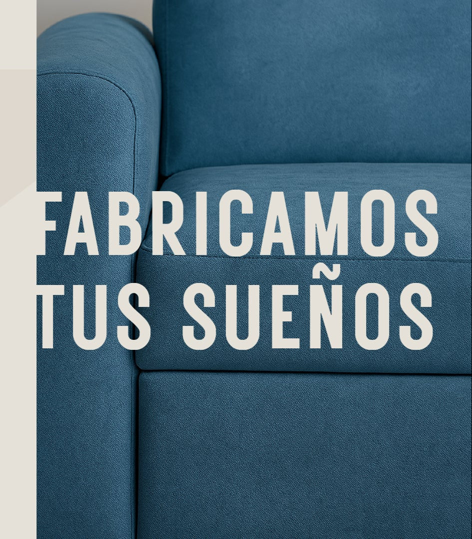 imagen tipo wallpaper con foto detalle del sofá cama mar en color azul con promesa de valor, fabricamos tus sueños, all star Colombia muebles