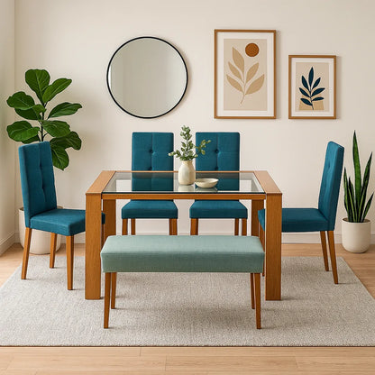 Juego de comedor Van Gogh 6 puestos en tela Aqua con estructura en madera maciza tono natural, ubicado en sala moderna con ambiente minimalista, Ideal para hogares colombianos que buscan confort y estilo moderno - All Star muebles