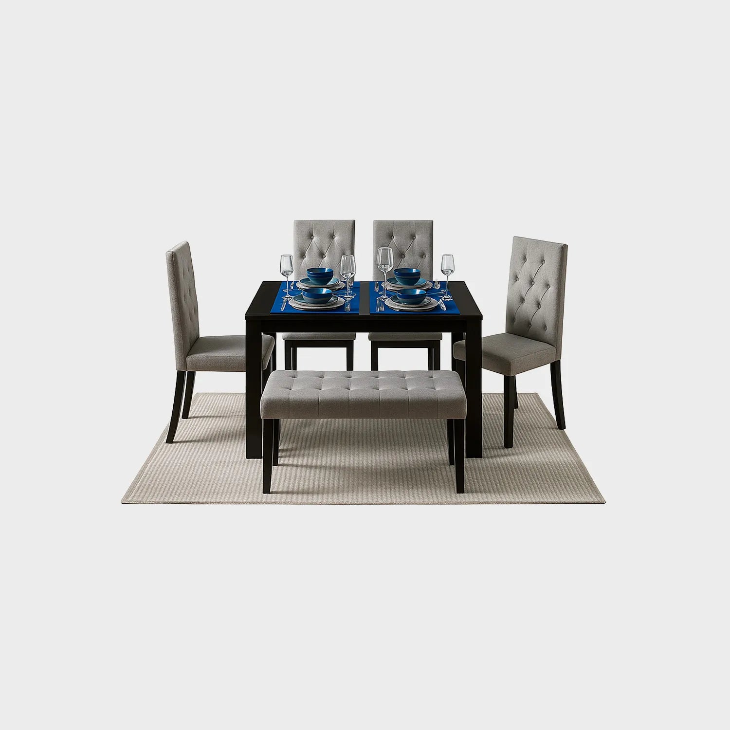 Juego de comedor Hollywood 6 puestos en madera maciza color negro, sillas y butaco tapizados color gris, fotografía sobre fondo blanco, ideal para visualizar la combinación de estilos y colores - All Star muebles