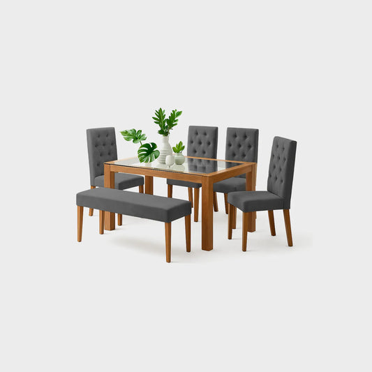 Juego de comedor Miguel Angel 6 puestos en madera maciza color natural, sillas y butaco tapizados color gris, fotografía sobre fondo blanco, ideal para visualizar la combinación de estilos y colores - All Star muebles