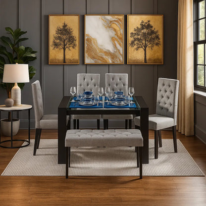 Juego de comedor Hollywood 6 puestos en tela gris con estructura en madera maciza tono negro, ubicado en sala moderna con ambiente minimalista, Ideal para hogares colombianos que buscan confort y estilo moderno - All Star muebles