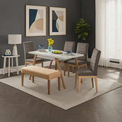 Juego de comedor Sahara 6 puestos en tela gris con estructura en madera maciza tono natural, ubicado en sala moderna con ambiente minimalista, Ideal para hogares colombianos que buscan confort y estilo moderno - All Star muebles