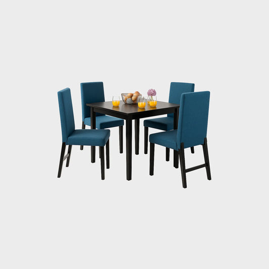 Juego de comedor Mónaco 4 puestos puestos en madera maciza color negro, sillas tapizadas color azul, fotografía sobre fondo blanco, ideal para visualizar la combinación de estilos y colores - All Star muebles