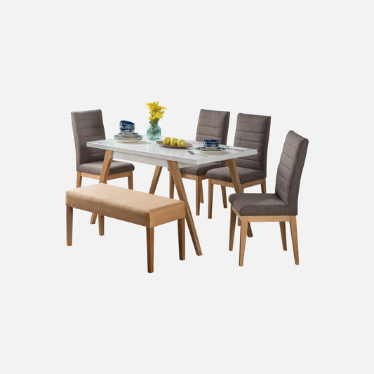 Juego de comedor 6 puestos en madera maciza color natural, sillas tapizadas color gris y butaco tapizado color beige, fotografía sobre fondo blanco, ideal para visualizar la combinación de estilos y colores - All Star muebles
