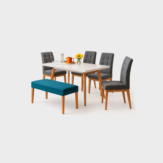 Juego de comedor Picasso 6 puestos en madera maciza color natural, sillas tapizadas en color gris y butaco tapizado color azul, fotografía sobre fondo blanco, ideal para visualizar la combinación de estilos y colores - All Star muebles