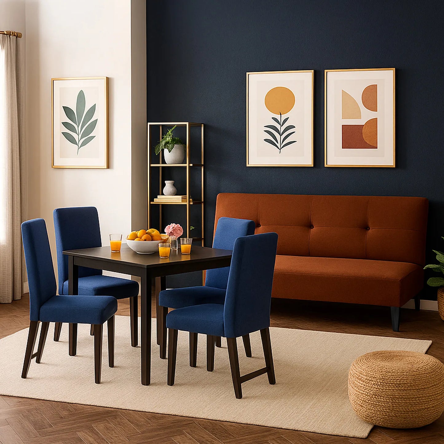 Sofá cama 3 puestos en tela café con patas color negro, ubicado en sala moderna, ambientado con comedor de madera en tono negro y sillas tapizadas color azul Ideal para hogares colombianos que buscan confort y estilo moderno - All Star muebles