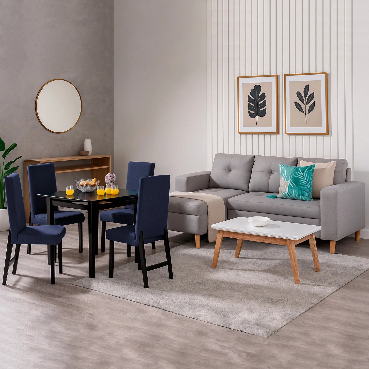 Sofá esquinero derecho de 3 puestos en tela gris, con patas en madera natural, ubicado en sala moderna, ambientado con comedor de madera color negro. Ideal para hogares colombianos que buscan confort y estilo moderno - All Star muebles
