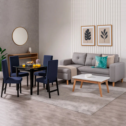 Sofá esquinero derecho de 3 puestos en tela gris, con patas en madera natural, ubicado en sala moderna, ambientado con comedor de madera color negro. Ideal para hogares colombianos que buscan confort y estilo moderno - All Star muebles