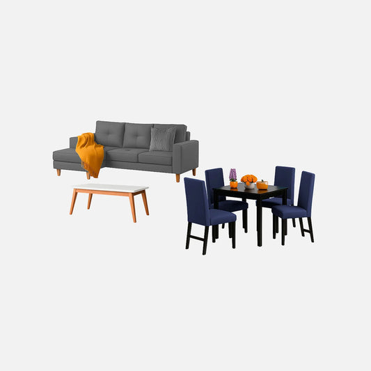 Juego de sala Invierno sofá esquinero derecho 3 puestos visto en perspectiva en tela gris con patas de madera clara y comedor en madera tono negro y sillas tapizadas azul, con mesa auxiliar en madera maciza y tapa blanca, ideal para familias colombianas - All Star Muebles