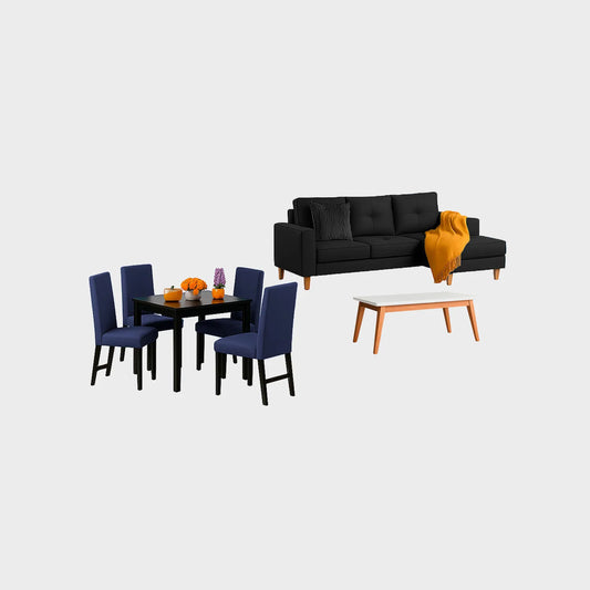 Juego de sala Invierno sofá esquinero izquierdo 3 puestos visto en perspectiva en tela negra con patas de madera clara y comedor en madera tono negro y sillas tapizadas azul, con mesa auxiliar en madera maciza y tapa blanca, ideal para familias colombianas - All Star Muebles