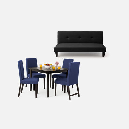 Juego de sala sofá cama 3 puestos color negro, y comedor de 4 puestos con sillas tapizadas en color azul, fotografía sobre fondo blanco, ideal para visualizar la combinación de estilos y colores - All Star muebles