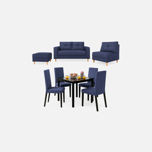 Juego de sala modular color azul, y comedor de 4 puestos con sillas tapizadas en color azul, fotografía sobre fondo blanco, ideal para visualizar la combinación de estilos y colores - All Star muebles