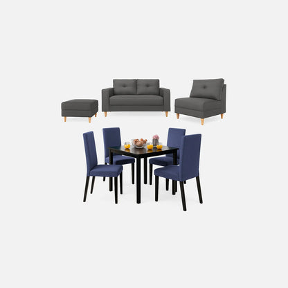 Juego de sala modular color gris, y comedor de 4 puestos con sillas tapizadas en color azul, fotografía sobre fondo blanco, ideal para visualizar la combinación de estilos y colores - All Star muebles