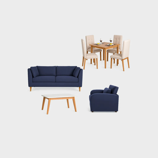 Juego de sala sofá 3 puestos color azul, con mesa auxiliar y comedor de 4 puestos con sillas tapizadas en color beige, poltrona cama tapizada azul, fotografía sobre fondo blanco, ideal para visualizar la combinación de estilos y colores - All Star muebles