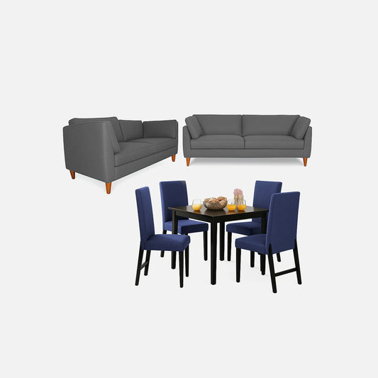 Juego de sala con sofá de 2 y 3 puestos tapizado color gris con patas en madera tono natural, con juego de comedor 4 puestos en madera maciza color negro y sillas tapizadas color azul, fotografía sobre fondo blanco, ideal para visualizar la combinación de estilos y colores - All Star muebles