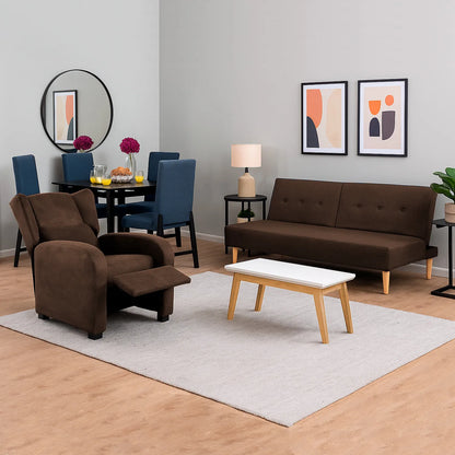 Sofá cama 3 puestos en tela café con patas en madera color natural, ubicado en sala moderna con mesa auxiliar y sillón reclinable color café, ambientado con comedor de madera en tono negro y sillas tapizadas color azul. Ideal para hogares colombianos que buscan confort y estilo moderno - All Star muebles