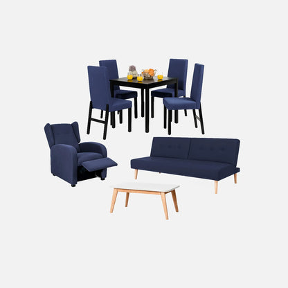 Juego de sala sofá cama 3 puestos color azul, con mesa auxiliar y comedor de 4 puestos con sillas tapizadas en color azul, sillón reclinable tapizado azul, fotografía sobre fondo blanco, ideal para visualizar la combinación de estilos y colores - All Star muebles