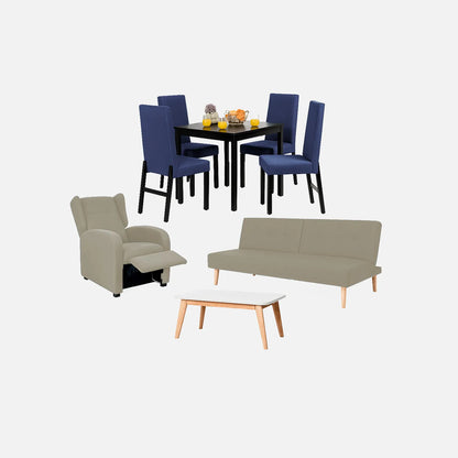 Juego de sala sofá cama 3 puestos color beige, con mesa auxiliar y comedor de 4 puestos con sillas tapizadas en color azul, sillón reclinable tapizado beige, fotografía sobre fondo blanco, ideal para visualizar la combinación de estilos y colores - All Star muebles