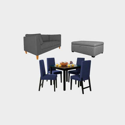 Juego de sala sofá 3 puestos color gris, con puff tipo baúl tapizado gris y comedor de 4 puestos con sillas tapizadas en color azul, fotografía sobre fondo blanco, ideal para visualizar la combinación de estilos y colores - All Star muebles