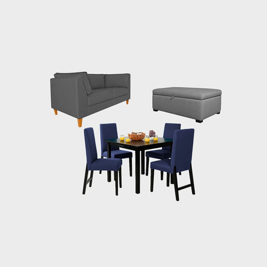 Juego de sala Plutón: Sofá 2 Pts, Comedor 4 Pts y Baúl Tapizado