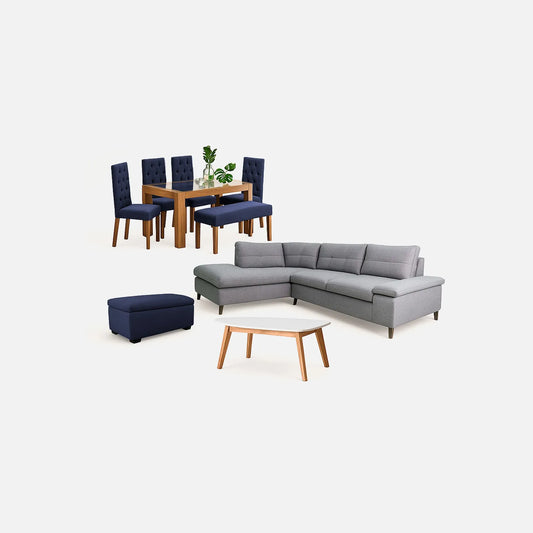 Juego de sala en L gris con mesa auxiliar y comedor de 6 puestos con sillas tapizadas en color azul, puff tipo baúl tapizado color azul, fotografía sobre fondo blanco, ideal para visualizar la combinación de estilos y colores - All Star muebles