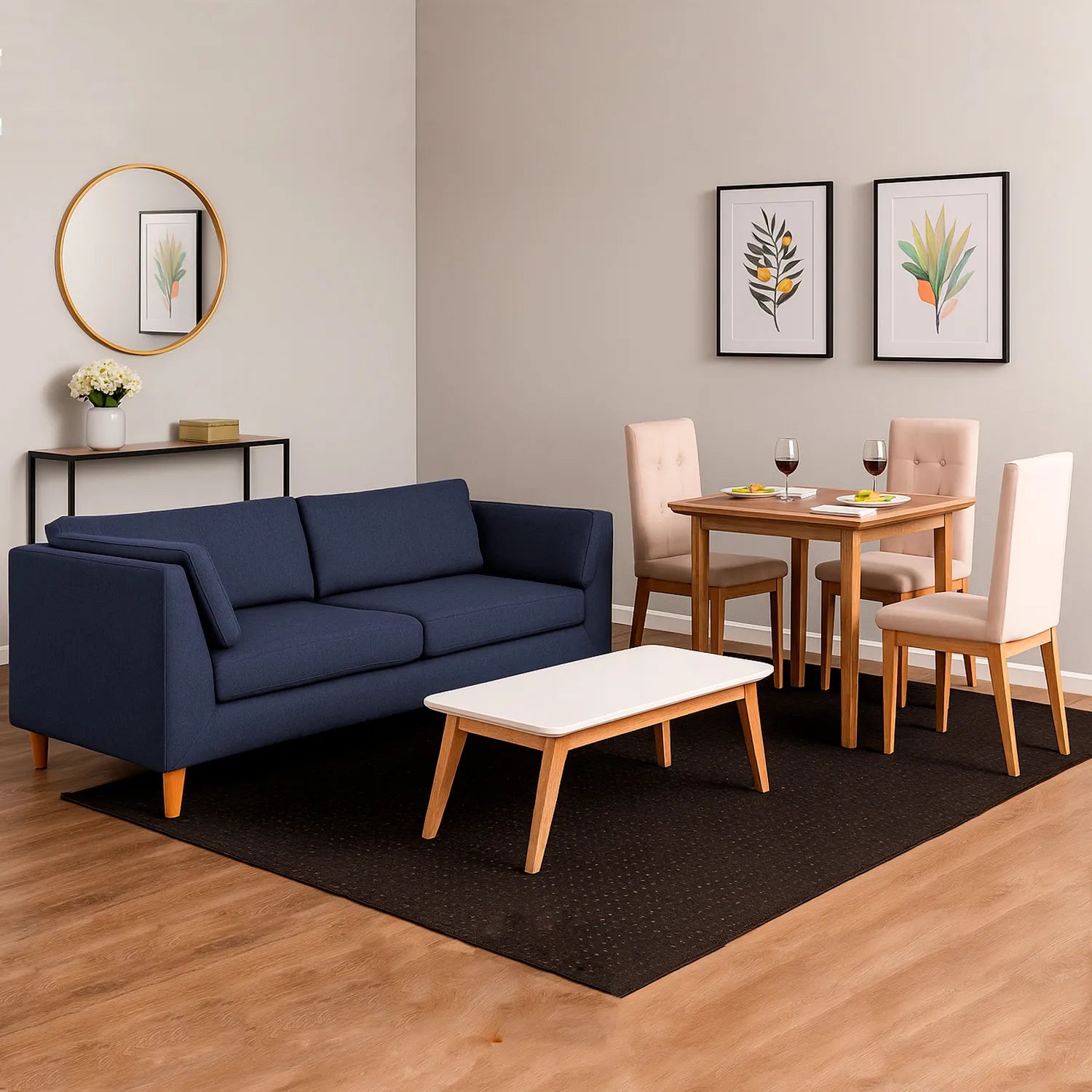 Sofá 3 puestos en tela azul con patas en madera color natural, ubicado en sala moderna con mesa auxiliar en madera maciza y tapa blanca, ambientado con comedor de madera en tono natural y sillas tapizadas color beige. Ideal para hogares colombianos que buscan confort y estilo moderno - All Star muebles